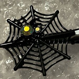 Spider on Black Web Hair Accessory Clip Broach W/ Iridescent Rhinestone Emo Goth